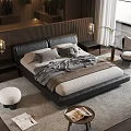 Modern Bedroom Double Bed with Black Leather Headboard Gray Bedding Nightstands Table Lamps and Rug