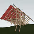 Unique Wooden Observation Deck With Red Canopy In Forest Grass Hill Surroundings