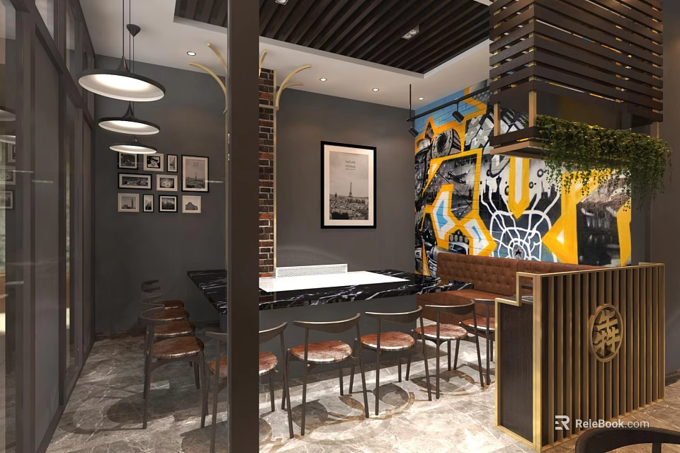 Stylish Restaurant Interior Featuring Graffiti Wall Bar Counter Bar Stools And Hanging Lights 3d model 