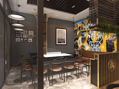 Stylish Restaurant Interior Featuring Graffiti Wall Bar Counter Bar Stools And Hanging Lights 3d model