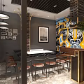 Stylish Restaurant Interior Featuring Graffiti Wall Bar Counter Bar Stools And Hanging Lights