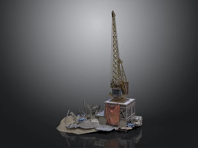 Heavy Construction Crane Equipment With Base Structure And Debris On Site 3d model