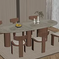 Modern Oval Dining Table With Stone Top Wooden Chairs Bowl of Fruits And Vase