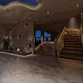 Unique Restaurant Interior Design With Cave Like Ceiling Blue Art Bar Counter And Black Stools