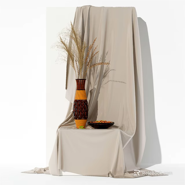 Decorative Brown and Yellow Striped Vase With Dried Grasses On Table With Cream Tablecloth 3d model 