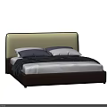 Modern Double Bed with Beige Headboard Brown Frame White Bedsheet Gray Pillows and Dark Blanket