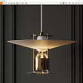 Modern Minimalist Pendant Light With White Shade And Brass Metal Structure Hanging Over Dark Wall