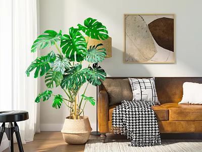 Stylish Living Room Interior With Brown Leather Sofa Large Monstera Plant And Abstract Wall Art 3d model