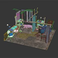 Medical Treatment Room Interior With Blue Metal Frame Red Blue Chairs Tools On Brick Floor