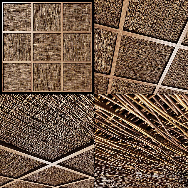 Natural Woven Ceiling Design With Wooden Grid Frame And Textured Patterns 3d model 