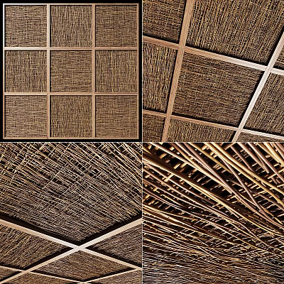 Natural Woven Ceiling Design With Wooden Grid Frame And Textured Patterns 3d model