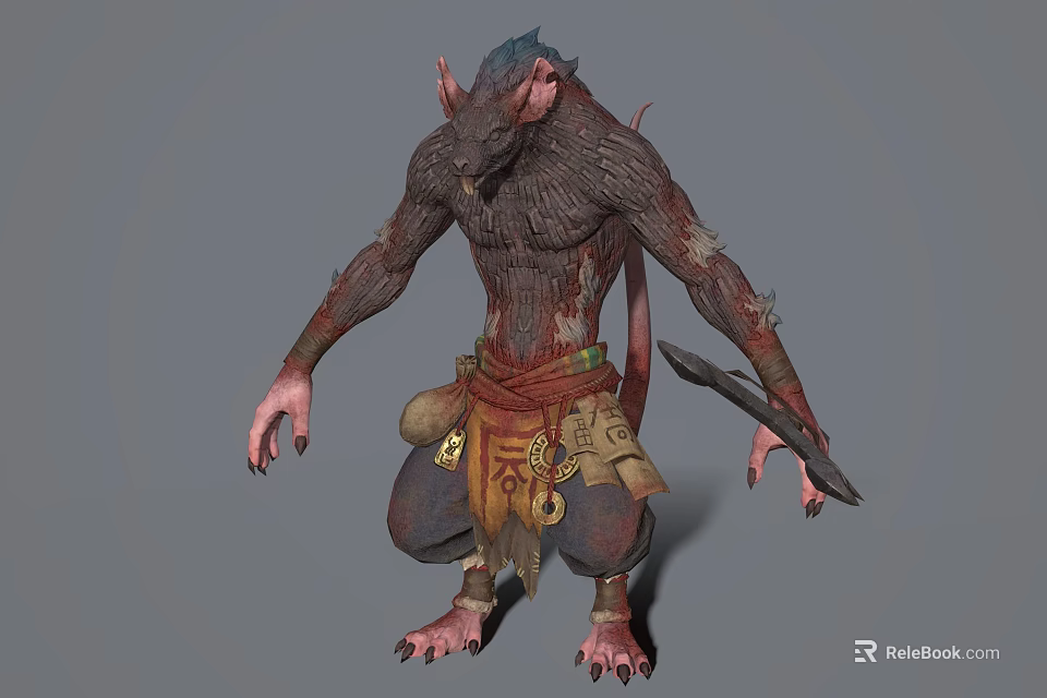 Anthropomorphic Rat Warrior Character With Clawed Hands Mythical Creature Features And Decorative Belt 3d model 