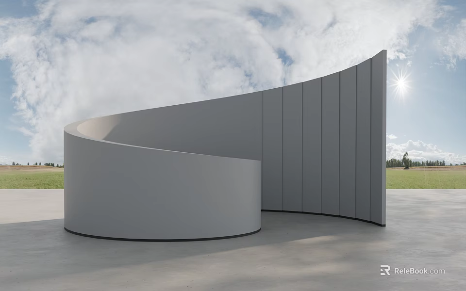 Minimalist Garden Feature With Curved White Structure And Natural Grass Background 3d model 