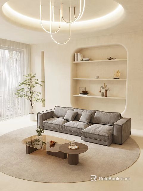 Modern Living Room Sofa and Round Coffee Table Set With Decorative Items and Green Plant 3d model 