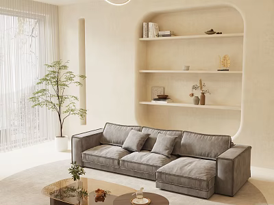Modern Living Room Sofa and Round Coffee Table Set With Decorative Items and Green Plant 3d model