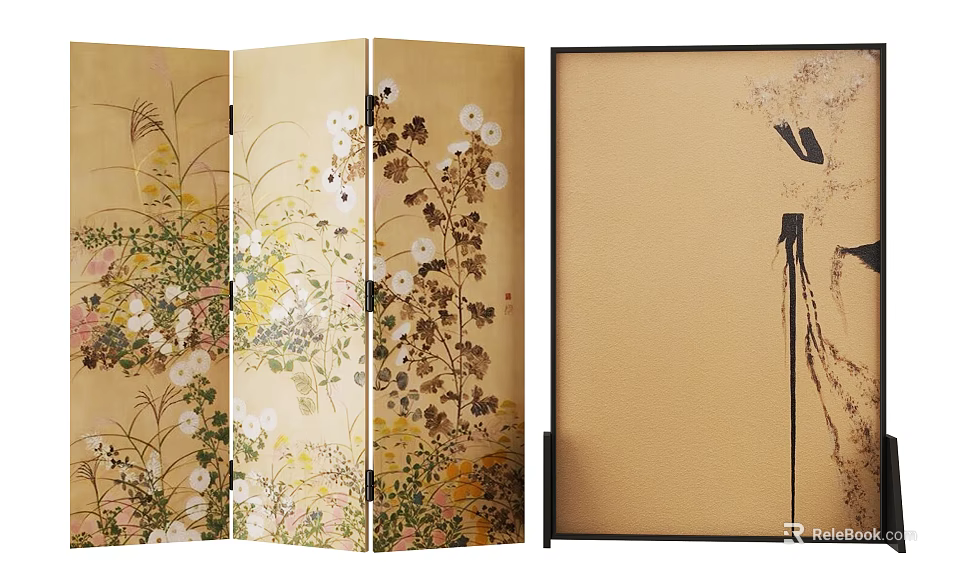 Traditional Hand Painted Folding Screen With Wheat Floral Grass Motifs 3d model 