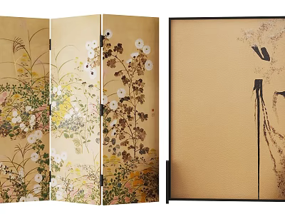 Traditional Hand Painted Folding Screen With Wheat Floral Grass Motifs 3d model