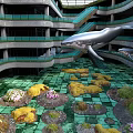 Modern Architectural Atrium Featuring Multi level Circular Structure Green Tile And Whale Art Installation