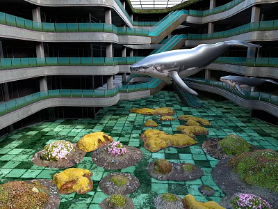 Modern Architectural Atrium Featuring Multi level Circular Structure Green Tile And Whale Art Installation 3d model