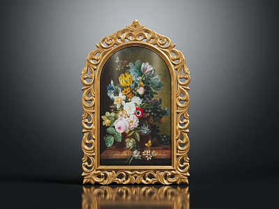 Ornate Golden Carved Frame Decorative Wall Furniture With Floral Artwork Design 3d model