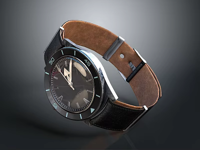 Classic Wrist Watch With Black Dial Brown Leather Strap And Roman Numerals 3d model