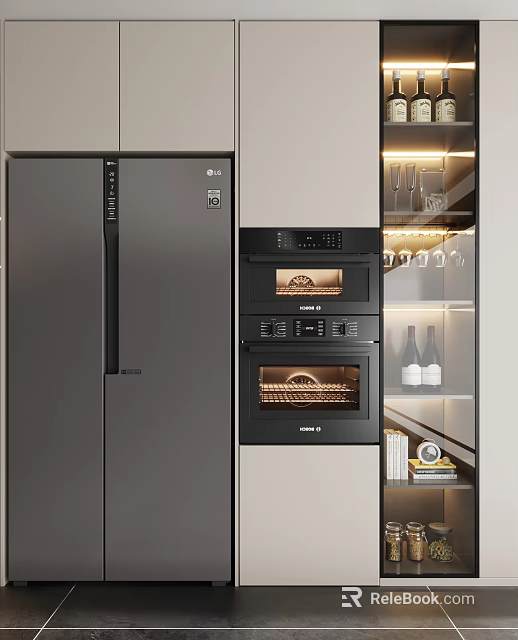 Modern Kitchen Interior Featuring Gray Refrigerator Black Ovens And Glass Cabinets With Lighting 3d model 
