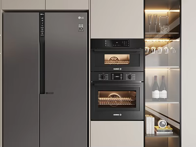 Modern Kitchen Interior Featuring Gray Refrigerator Black Ovens And Glass Cabinets With Lighting 3d model
