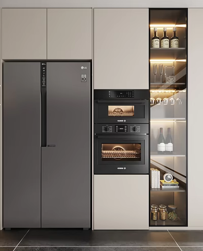Modern Kitchen Interior Featuring Gray Refrigerator Black Ovens And Glass Cabinets With Lighting 3d model