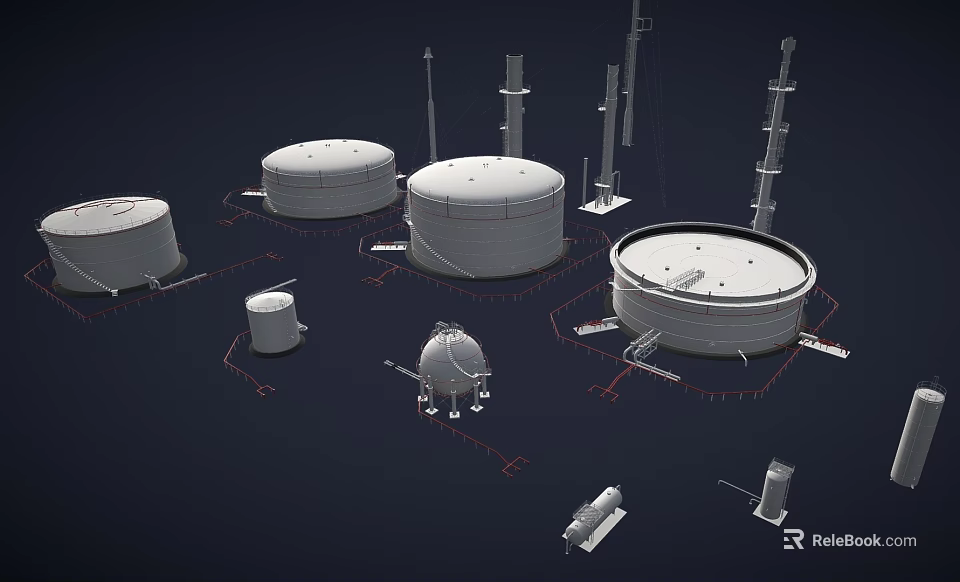 Industrial Storage Tanks and Towers with Supporting Equipment in Industrial Facility 3d model 