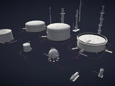 Industrial Storage Tanks and Towers with Supporting Equipment in Industrial Facility 3d model