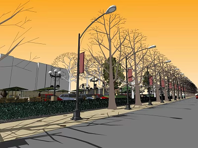 Urban Commercial Landscape With Street Lamps Trees Buildings Flags And Sidewalk 3d model