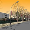 Urban Commercial Landscape With Street Lamps Trees Buildings Flags And Sidewalk