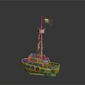 Pirate Ship Model with Yellow Hull Purple Skull Flag Round Windows and Deck Details
