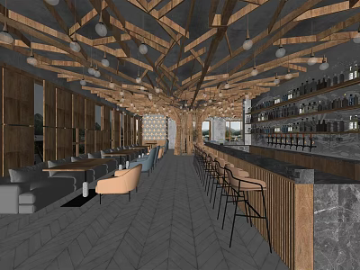 Modern Restaurant Interior With Wooden Ceiling Hanging Lights Bar Counter And Wine Bottles 3d model