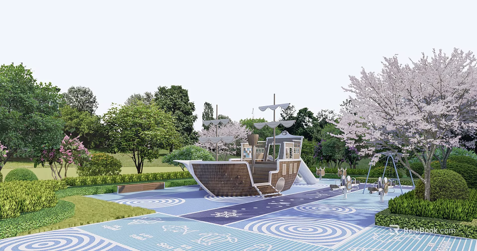 Park Landscape Featuring Ship Shaped Slide Cherry Blossoms Swings Green Lawns and Colorful Spiral Ground 3d model 