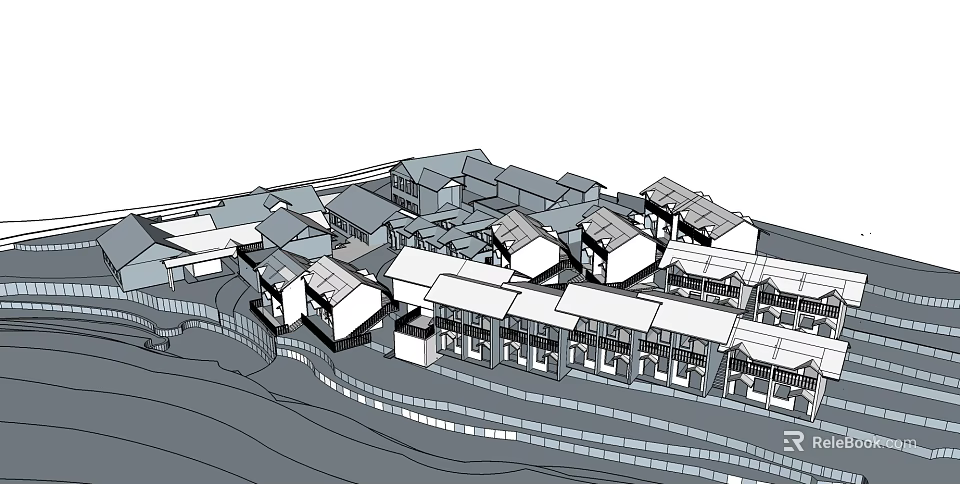 Traditional Village Complex With Connected Rooftops And Tiered Layout Design 3d model 