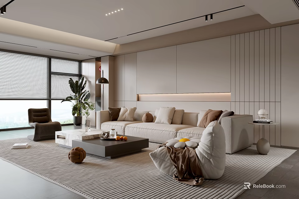 Modern Living Room With Beige Sofa Coffee Table Green Plant And Floor-to-Ceiling Windows Blinds 3d model 