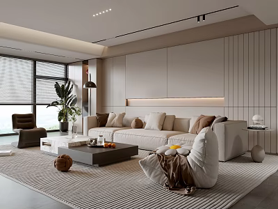 Modern Living Room With Beige Sofa Coffee Table Green Plant And Floor-to-Ceiling Windows Blinds 3d model