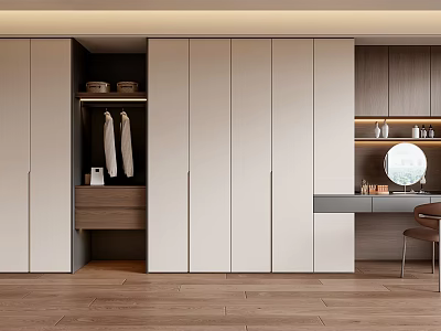 Modern Wardrobe Interior With White Doors Wooden Drawers Hanging Clothes Desk Round Mirror And Chair 3d model