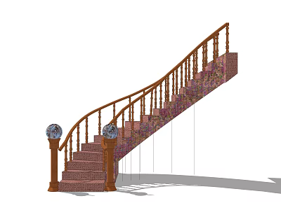 Traditional Wooden Staircase With Decorative Posts Round Finials And Patterned Steps 3d model