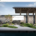 Japanese Style Viewing Platform With Wooden Roof Stone Wall Rock Garden And Water Reflection