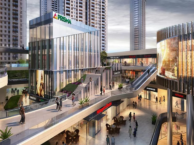 PRIMA Modern Office Building with High Rise Buildings Shopping Mall Escalators Pedestrians and Greenery 3d model