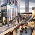 PRIMA Modern Office Building with High Rise Buildings Shopping Mall Escalators Pedestrians and Greenery