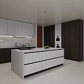 Modern Kitchen Interior Design With White Island Dark Brown Cabinets Built-in Appliances And Red Wall
