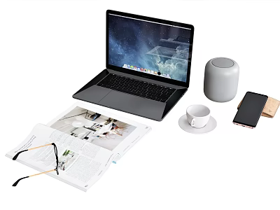 Modern Laptop Workspace With Smart Speaker Phone Coffee Mug And Open Magazine 3d model