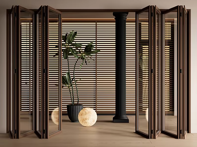 Modern Folding Doors In Interior With Plants And Blinds 3d model