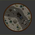 Miniature Desert Scene With Cactus Plants Old Wagon And Wooden Boxes In Round Tray
