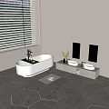 White Bathtub with Double Sinks Mirror Green Plant Grey Countertop Grey Tiles and Window Blinds