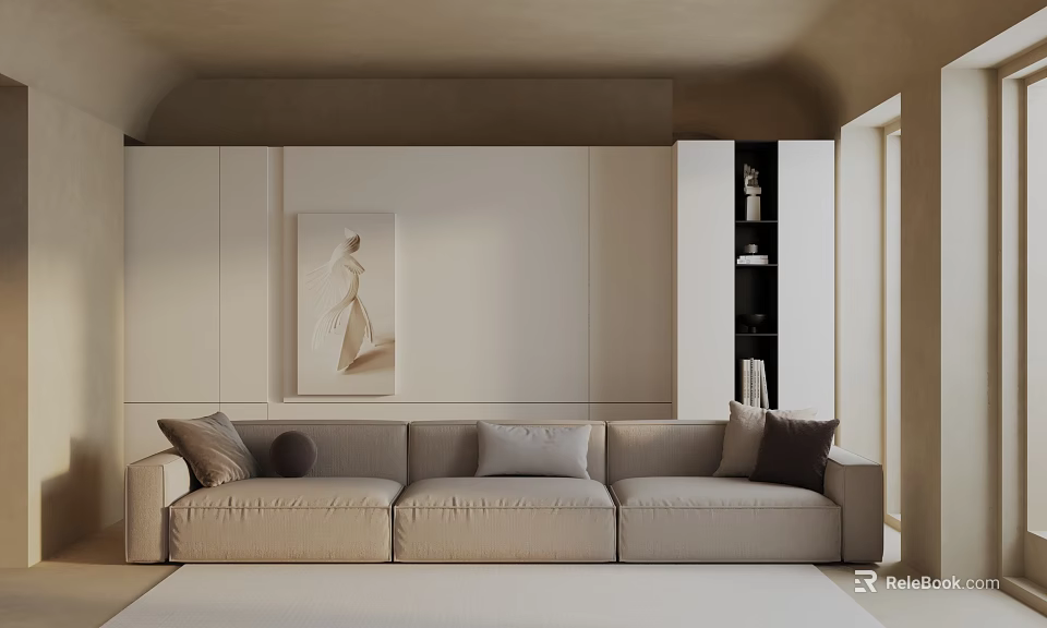 Modern Minimalist Interior With Beige Three-Seater Sofa Dark Cushions White Cabinets And Wall Art 3d model 