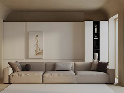 Modern Minimalist Interior With Beige Three-Seater Sofa Dark Cushions White Cabinets And Wall Art 3d model